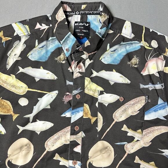 KAVU Shirt Men XXL Black Fish Marine Life Stretch Casual Outdoor AOP - Picture 5 of 11